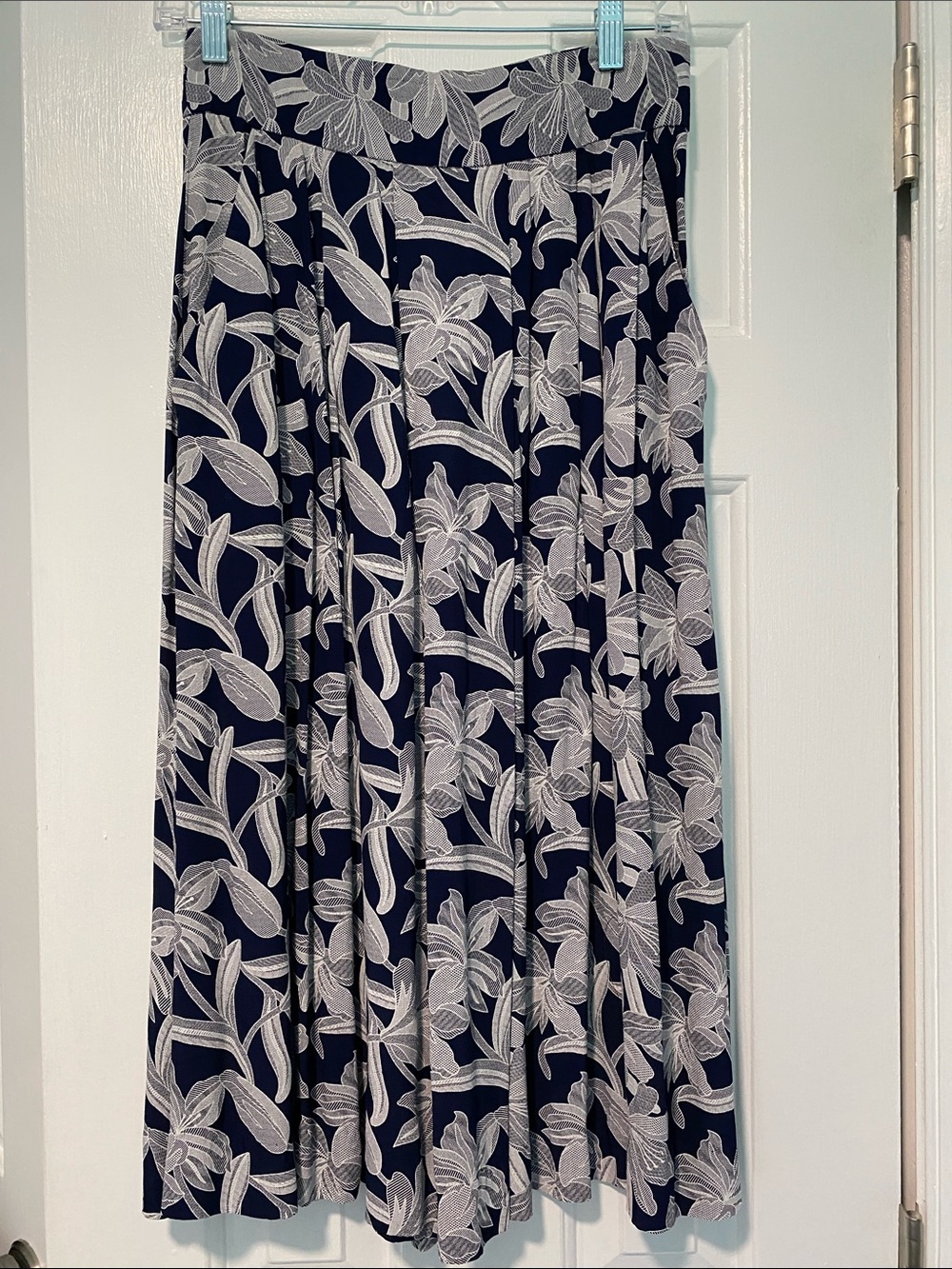 Floral Navy Midi Skirt with White Botanical Print